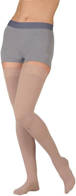 Juzo Dynamic Varin 3511 Thigh High 20-30 mmHg Open Toe Compression with Silicone Top Band – Men & Women, Short, 4 (IV), Beige