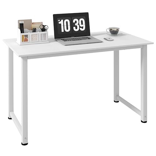 HOMCOM Mesa de Escritorio Moderna Mesa de Estudio con Marco de Acero y Pies Ajustables Mesita de Ordenador para Oficina Hogar 120x60x76 cm Blanco
