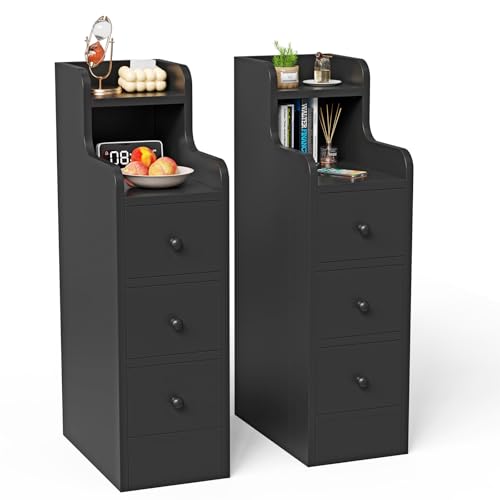 HaodaCulture Table de Nuit 23 cm, Table de Chevet Lot de 2, Tables d'Appoint étroite avec 3 Tiroirs, Table de Nuit avec Compartiment Ouvert, pour Espaces...