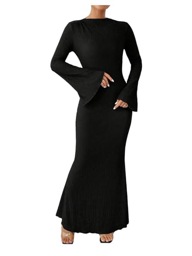 Image of GORGLITTER Women's Bell Long Sleeve Cocktail Maxi Dress Crew Neck Bodycon Fishtail Casual Long Dresses