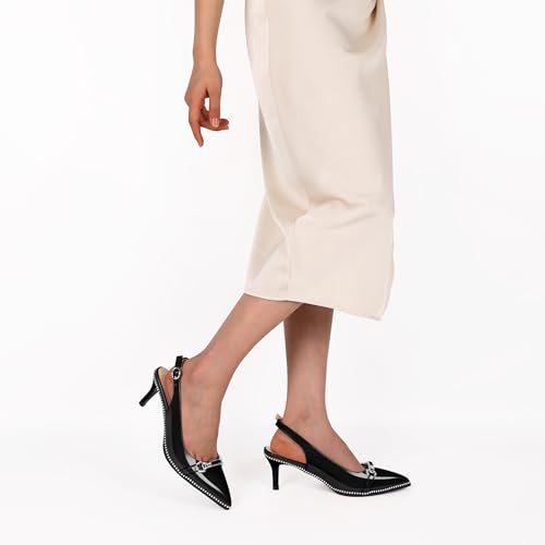 AUMOTED Womens Beaded Pumps Trendy Stiletto Low Heels Pointed Toe Slingback Strap with Adjustabe for Casual Work Daily Patent Leather Black US Size 102