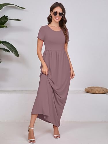 Image of DEARCASE Maxi Dress for Women Short Sleeve Casual Summer Loose Plain Comfy Long Dresses with Pockets