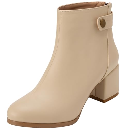 Onewus Beiläufig Beiläufig Damen Kurzschaft Stiefel mit Blockabsatz und Abgerundeter Zeh und Abgerundeter Zeh (Pu Beige 37 EU)