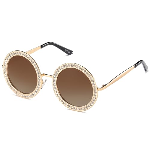 SOJOS Shining Oversized Round Rhinestone Sunglasses Festival Gem Sunnies SJ1095C02 Gold/Gradient Brown Lens/Crystal Diamonds