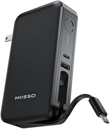 miisso 10000mAh Power Bank, 2-in-1 Portable Charger, 30W USB-C Battery Pack with 65W AC Wall Plug, Built in USB C Cable, Compatible with iPhone 17/16/15, iPad, Samsung, MacBook, Dell, Black