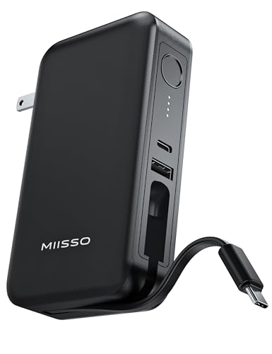 miisso 10000mAh Power Bank, 2-in-1 Portable Charger, 30W USB-C Battery Pack with 65W AC Wall Plug, Built in USB C Cable, Compatible with iPhone 17/16/15, iPad, Samsung, MacBook, Dell, Black