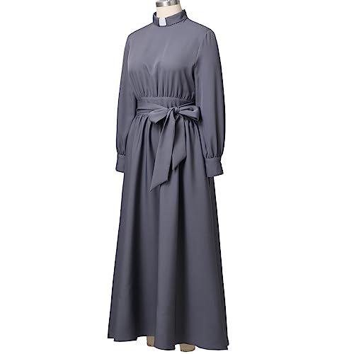 Image of CAMDOM Church Clergy Dress for Women Long Sleeve A Line Elegant Maxi Dress with Tab Insert Stand Collar and BeltA