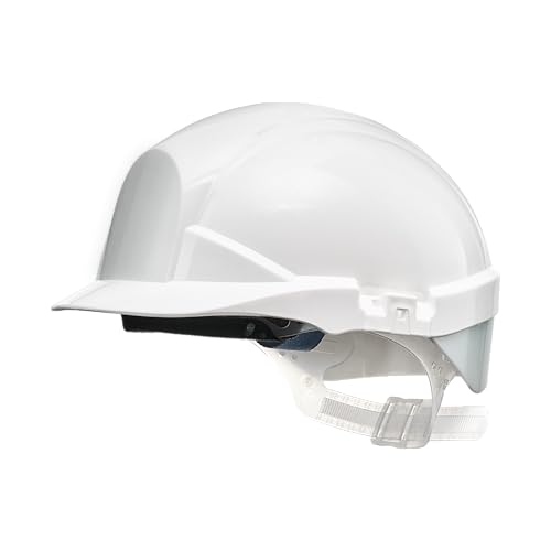 Centurion Safety Products – White/Silver Reflex Safety Helmet – Full Peak Hard Hat with Silver Flash Strip at Rear- Slip Ratchet Fastening Secures Hat on Your Head - Wear All Day – Vented - White