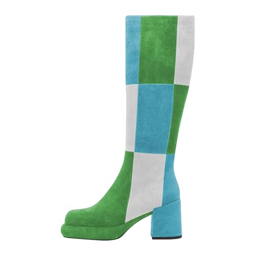 miss left Women Platform Knee High Boots Closed Round Toe Mid Chunky Heel Patchwork Winter Fall Boot Side Zip Dressy Daily Casual Party Walking Shoes Size 4-16 US2