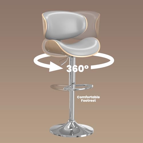 Image of YaFiti Bar Stools Set of 2, Bar Stools for Kitchen Island with Bentwood Back and Leather Seat, Swivel Barstools for Kitchen Counter, Bar, Light Grey