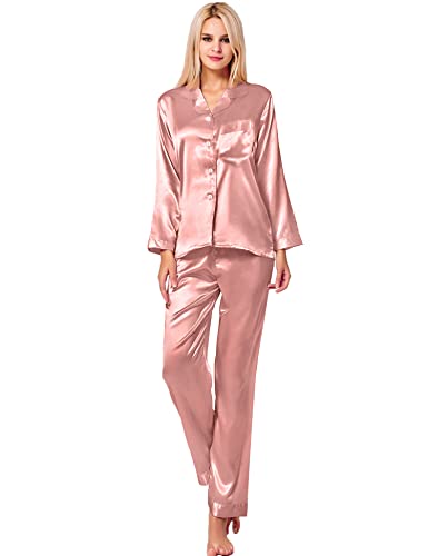 Image of SWOMOG Long Sleeve Pajamas Set Silk Satin Sleepwear Button Down Pjs Loungewear with Pocket