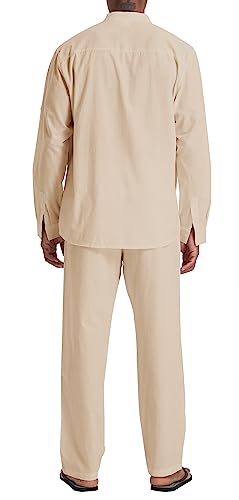 SIENDIU Herren-Leinensets, Henley-Shirts, 2-teilig, Urlaubs-Outfits, Strandkleidung, Freizeitanzug, Langarm-Shirt, Yogahose, Sommer, khaki, L