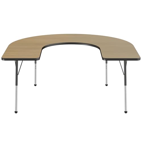 Image of FDP Horseshoe (60 x 66 inch) Collaborative Teacher Classroom Table with Adjustable Standard Ball Glide Legs (19-30 in); School and Office Furniture - Pasadena Oak Top /Navy Edge and Legs