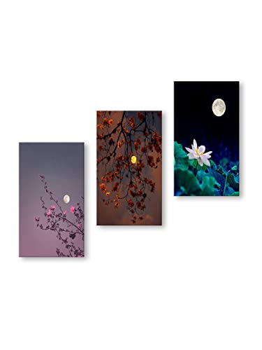 Image of 999STORE Leaves With Moon home room decor framed stylish modern wall frames hanging items for living (Set of 3 Panels Paper Print 24X15 Inches) MDF3Frames039