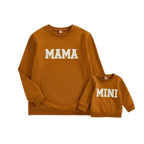 Covvoliy Mommy and Me Letter Print Matching Family Outfits Long Sleeve Crewneck Casual Sweatshirt T-Shirt (Baby, 0-6 Months, Brown)
