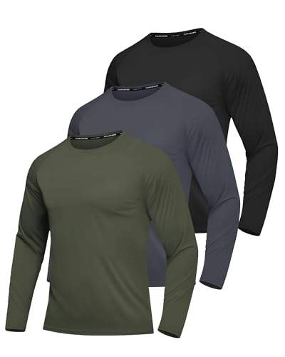 Paquete de 3 camisetas de protección solar de manga larga para hombre, protección solar UPF 50+, de secado rápido, para entrenamiento, senderismo, Paquete de 3: negro, gris oscuro, verde militar,