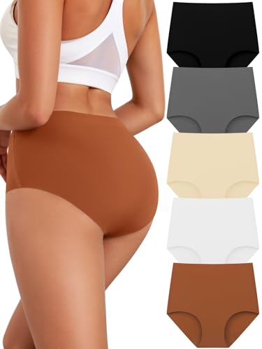 High Waist Seamless Briefs for Women, Soft Full Coverage Underwear & No Show Panties, 5 Pack