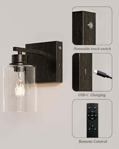 Image of Rayogale Wireless Battery Operated Wall Sconce Set of 2 with Remote Control | Retro Industrial Black Brass Dimmable Easy Install Rechargeable Wall Light with Timer for Living Room Bedroom Emergency 3000K