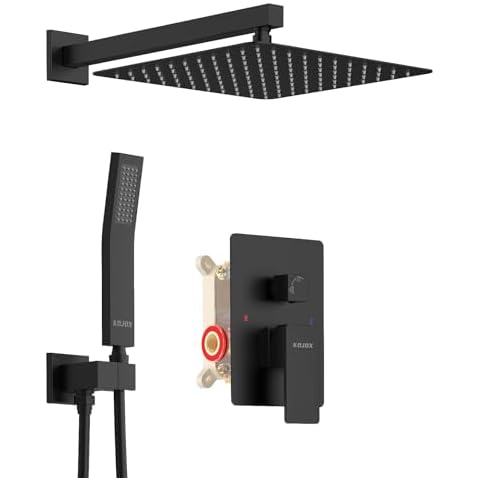 KOJOX 12 Inch Black Shower System with Rain Shower Head, Handheld Shower, Bathroom Luxury Mixer Combo Set, Wall Mounted Faucet Rough-in Valve and Trim Kit Cover