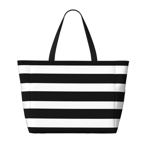 Modern Bathroom Classic Black And White Striped Extra Large Beach Tote Bag – Beach Vacation Essentials With 7 Pockets, Durable Polyester Carryall For Swim, Pool & Camping2