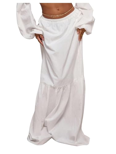 GORGLITTER Women's Flowy Maxi Skirt Boho Ruffle Hem Elastic Waist Long Skirts Fall Trendy Vacation