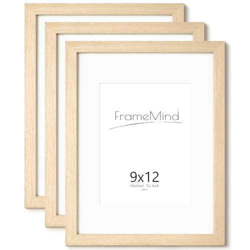 FrameMind Juego de 3 portarretratos de 9 x 12 pulgadas con paspartú para montaje en pared de 6 x 8 pulgadas, marco de madera maciza natural de 9 x 8 pulgadas para montaje en pared (paquete de 3,