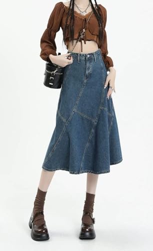 CHARTOU Women Summer Patchwork Denim Maxi Skirt Vintage High Waist A Line Long Skirt2