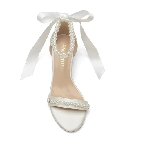 Block Heel Wedding Sandals, Pearl Embellished Ankle Strap, Low Heel Bridal Shoes for Women, Size EU 36-413