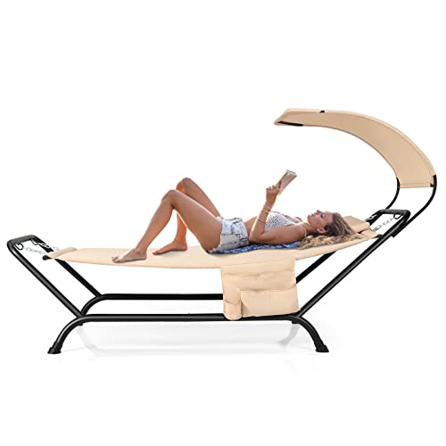 Tangkula Hammock with Stand Included Heavy Duty Outdoor Hammock with Adjustable Canopy Rustproof Metal Stand Pillow Storage Pocket Hammock Bed with Stand for Backyard Lawn Poolside (Beige)