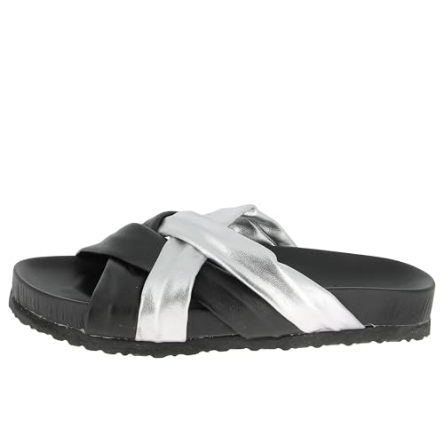 Andrea Conti Damen Pantolette Flacher Slipper, schwarz/Silber, 37 EU