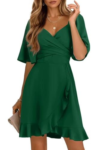 Dokotoo Women's Wrap V Neck Short Flared Sleeve Smocked Elastic Waist Tiered Belted Ruffle Hem Party Short Dress Wedding Guest Dress Green M