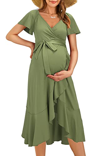 Ouges Womens Wrap Midi Nursing Maternity Dresses For Photoshoot Baby Shower(Army Green,L) #TOP1