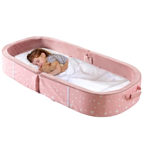 BYBYME Portable Waterproof Crib Floor Bed Toddler Travel Bed with Mattress, Washable Fitted Sheet Foldable Travel Cot Grandpa Grandma, Rose