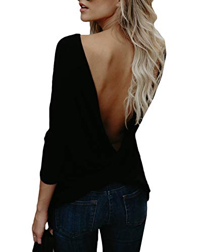 Minetom Damen Elegant Rückenfrei Langarmshirt Langarm Einfarbig Hemd Shirt...