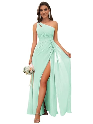 Image of OFEECHUN Women's Chiffon One Shoulder Bridesmaid Dresses Long Pleated Formal Evening Gowns with Slit