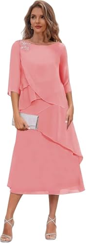 Tea Length Mother of The Bride Dresses for Women Wedding Short Sleeves Ruffle Chiffon Formal Evening Dress JH0183