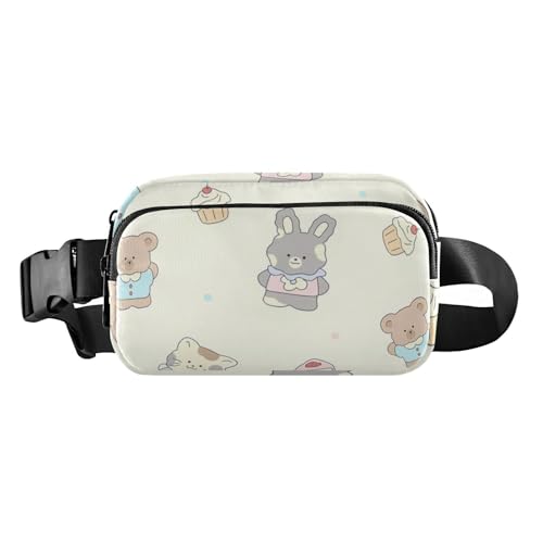 Marsupio con grazioso orso e coniglio per donne e uomini piccolo marsupio con cinghia regolabile per allenamento corsa escursionismo Cartone animato Carino Orso elegante marrone grigio