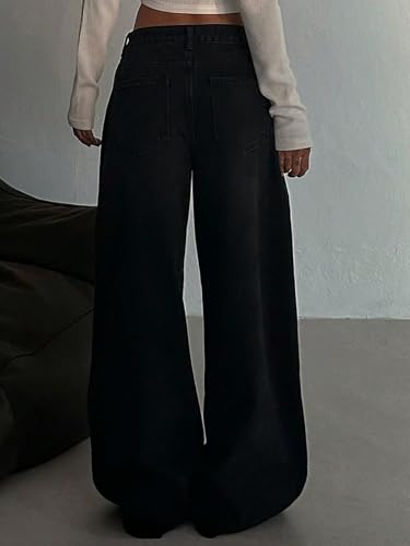 Image of Shasmi Women's Black Wide Leg Baggy Jeans | Loose Fit Denim Pants for Women | High Rise Streetwear | Casual Oversized Wide Leg Denim | Korean Style Baggy Trousers with Pockets (Jeans 296)