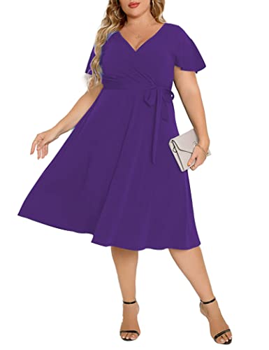 Agmibrelr Women's Plus Size Flutter Sleeve Dress Deep V Neck A-Line Swing Midi Dresses Purple 2Xl #TOP3
