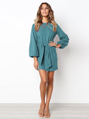 Image of PRETTYGARDEN Womens Spring Elegant Long Lantern Sleeve Short Dress Wedding Guest Crewneck Tie Waist Knit Cocktail Dresses