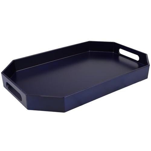 SforGUVA Navy Blue Octagonal Serving Tray with Handles for Coffee Table, Plastic Decorative Tray for Ottoman, Kitchen Counter, Living Room, Outdoor Lacquer Tray for Entertaining