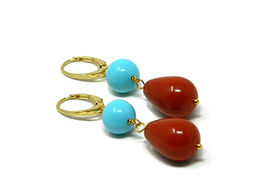 Orecchini pendenti donna in pasta di turchese e corallo rosso Sardegna – Goccia 12x16 mm e pallina 10 mm – Argento 925 placcato oro – Handmade Made in Italy – Nickel-Free - DodiGioielli