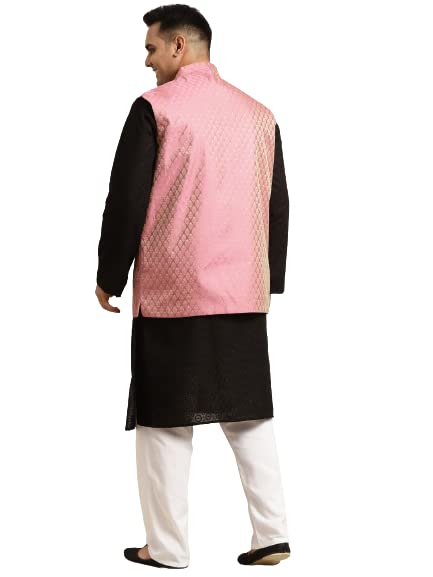 Image of SOJANYA (Since 1958) Men's Silk Blend Dark Green Kurta & Silk Blend Nehrujacket With Off White Churidar Pyjama Set