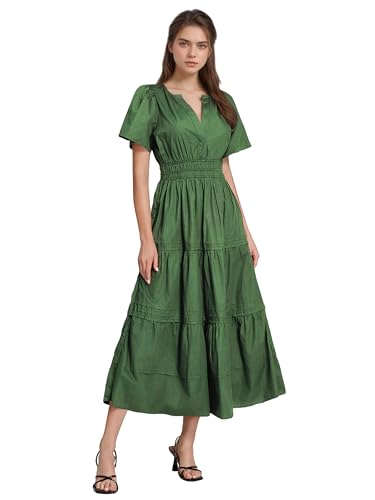 Image of ShallWe Women's Basic Plain Summer Dress Casual Long Maxi Short Sleeve Layered Cotton V Neck A Line Fashion Travel