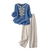 riou Conjunto Mujer Verano 2 Piezas Original Moda Algodon y Lino Traje de Primavera Ligero Chándal Blusa Manga 3/4 Pantalones Ropa de Playa Vacaciones Deportivo Casa Trabajo M-3XL