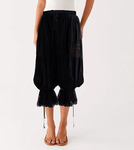 Image of UAURORAO Women Lace Trim Bloomer Pants Flowy Culottes Pantaloons Bloomers