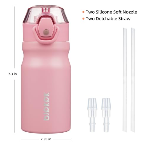 Image of BJPKPK 14 oz Insulated Water Bottle, Straw, Handle, Stainless Steel Flask | Leak Proof Locking Lid, Double Wall Vacuum, Keeps Hot /Cold, BPA Free, Dishwasher Safe, Travel & Sports, Light Pink