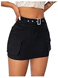 GORGLITTER Women's High Waisted Bodycon Mini Cargo Skirts Belted Flap Pocket Streetwear Stretchy Skirt Black Small