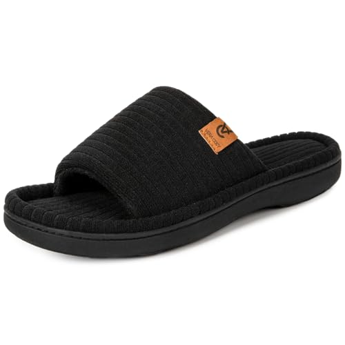 VeraCosy Womens Open Toe Slippers Terry Cloth Memory Foam Indoor House Shoes Modest Black,3-4 UK