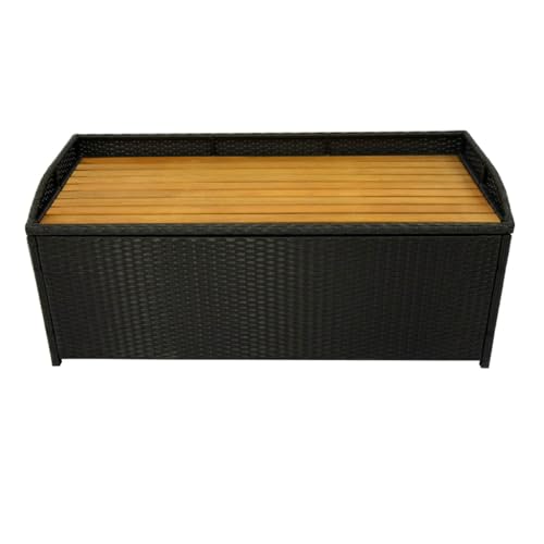 Panana Rattan Garden Storage Box, Deck Bench with Wood Lid, Zippered Inner Liner, 120x50x50cm Patio Wicker Chest Organiser Furniture for Cushions Tools Toys, Outdoor Seating Organizer Black